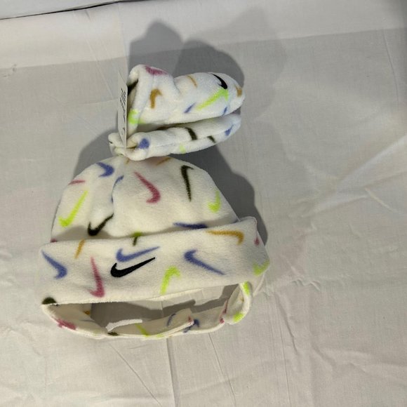 Infant Nike Swoosh Logo Print Cream Fleece Trapper Hat & Mittens Set NWT - Picture 2 of 4